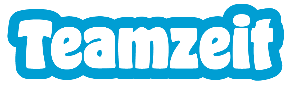 Das Wort Teamzeit ist in fetten, abgerundeten weißen Buchstaben mit einer dicken, hellblauen Umrandung geschrieben.
