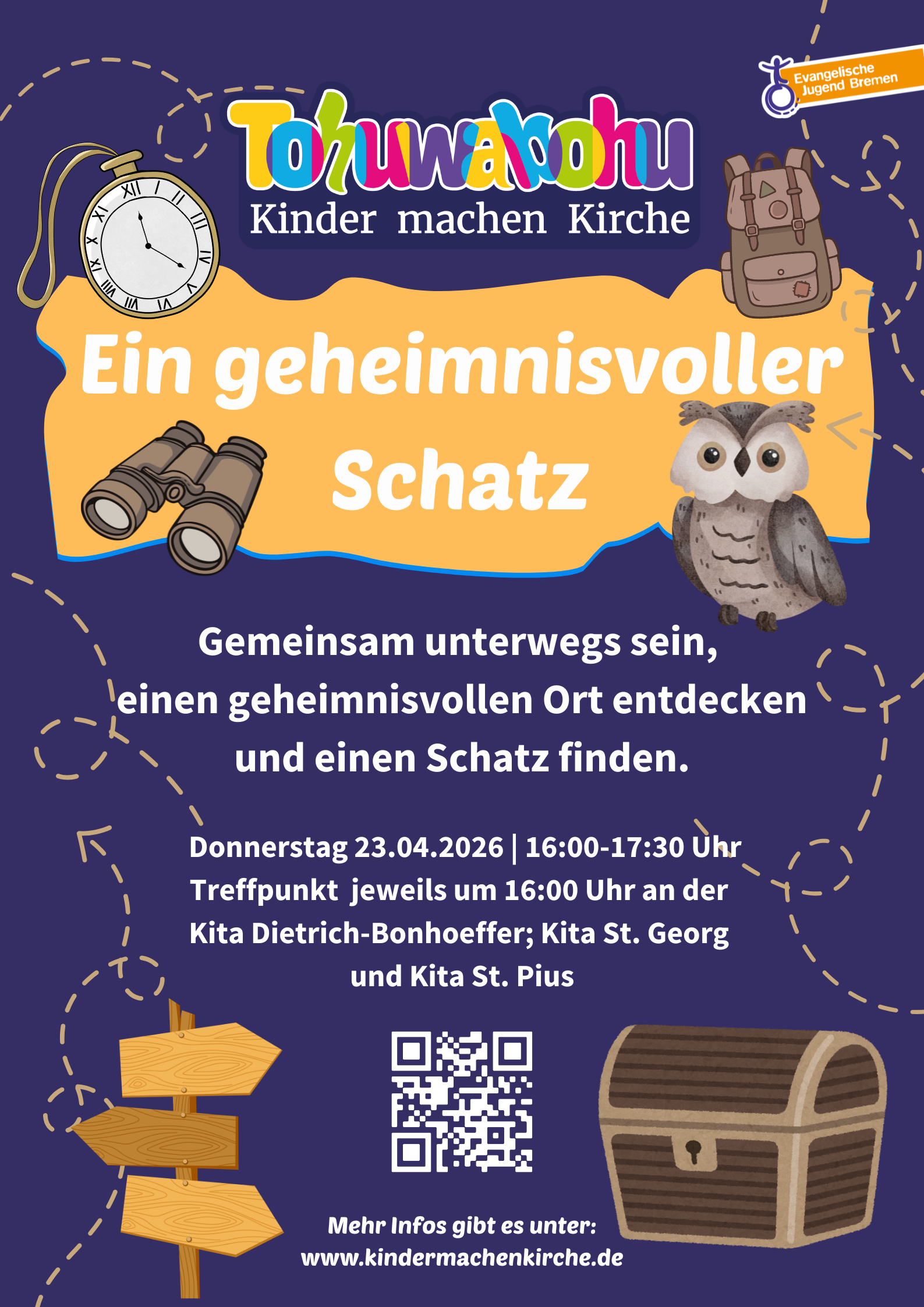 Buntes deutsches Veranstaltungsplakat für Kinder mit Cartoon-Bildern eines Koffers, einer Eule, einer Lupe und einer Schatztruhe. Der Text lädt Kinder zu einer Schatzsuche am 23. April 2026 ein und nennt Zeit, Ort und eine Website für Informationen.