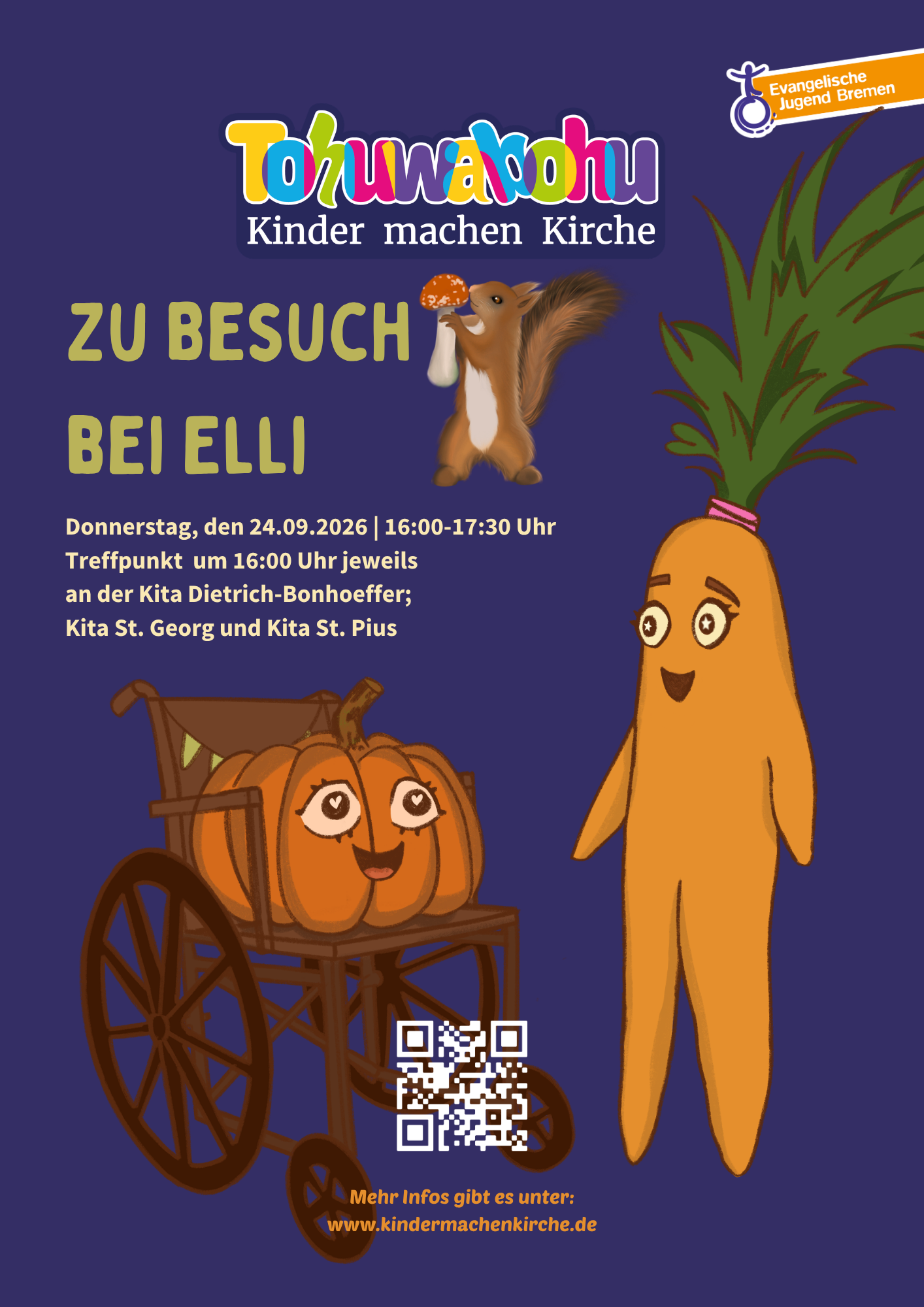 Poster mit einem Eichhörnchen, einer lächelnden Möhrenfigur, einem Herbstblatt und einem Kürbis. Der Text enthält Details zu einer Veranstaltung der Kinderkirche, darunter Datum, Uhrzeit, Treffpunkte und einen QR-Code für weitere Informationen.