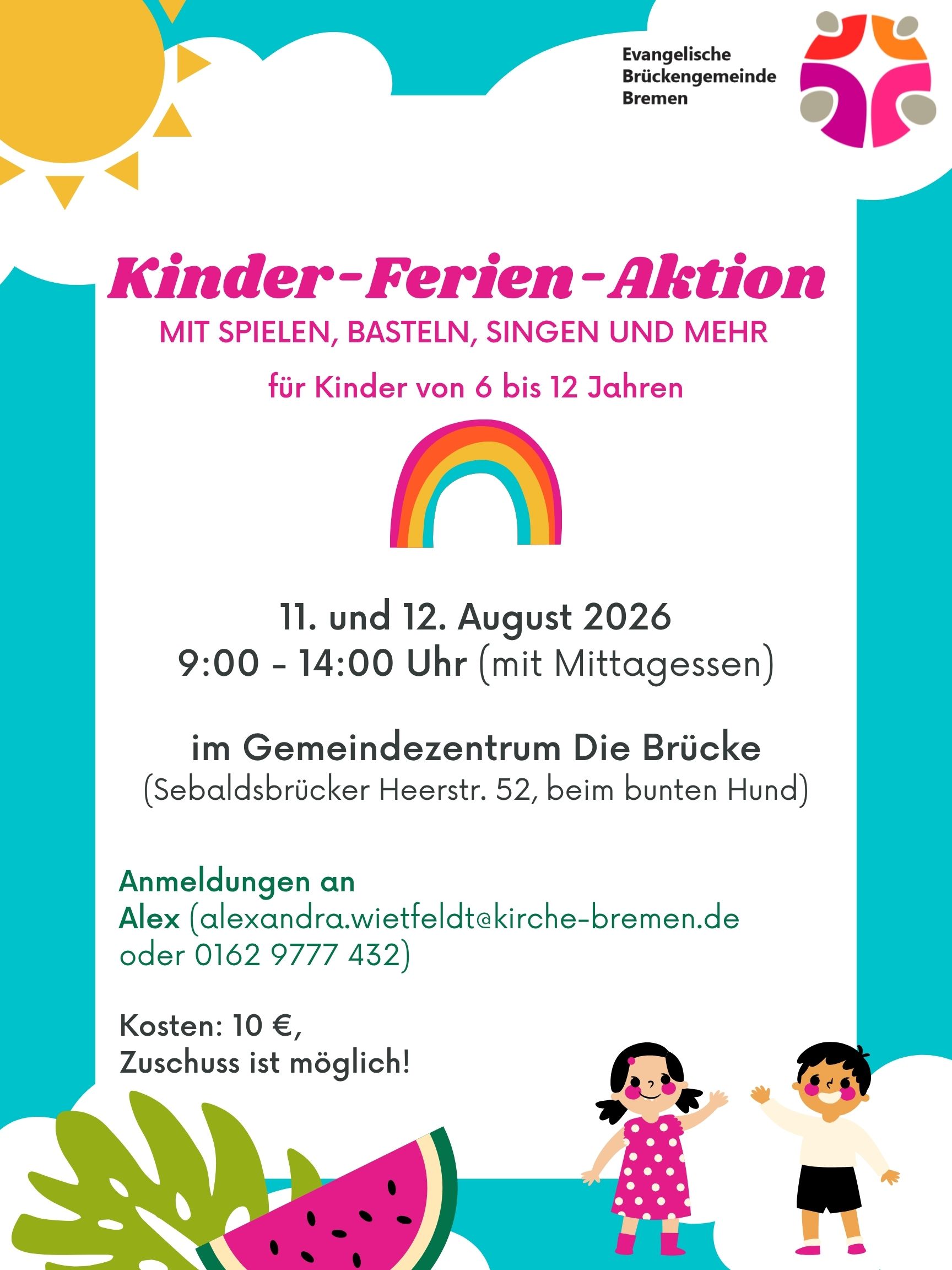 Buntes Flugblatt für eine Kinderferienveranstaltung mit verspielten Grafiken, Veranstaltungsdetails und Kontaktinformationen. Enthält Illustrationen von Kindern, Vögeln, einem Regenbogen und fröhlichen Dekorationen auf einem leuchtend gelben Hintergrund.