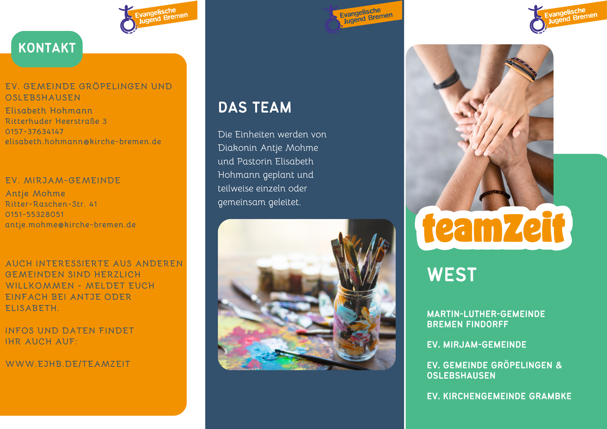 Eine Broschüre mit Kontaktdaten, Informationen zum Team und einem Foto von Händen, die in Verbundenheit ineinander verschränkt sind. Die Broschüre ist mit orangefarbenen, grünen und blauen Akzenten gestaltet und enthält den Titel „teamZeit WEST“ sowie mehrere Namen von Kirchengemeinden.